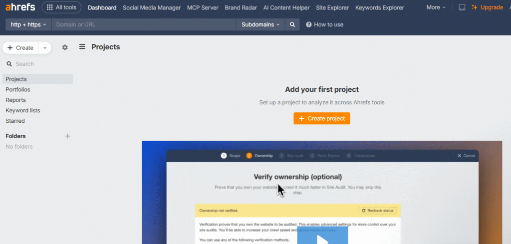Ahrefs tool dashboard
