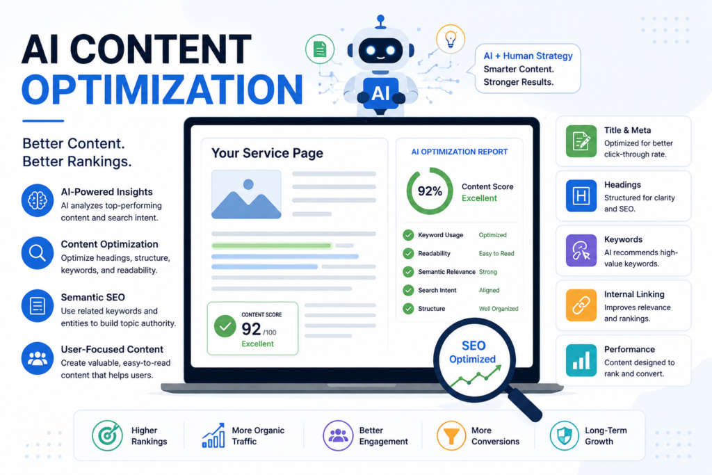 AI content optimization infographic showing AI-powered content analysis, semantic SEO, search intent optimization, readability improvements, and content performance for Delaware businesses.