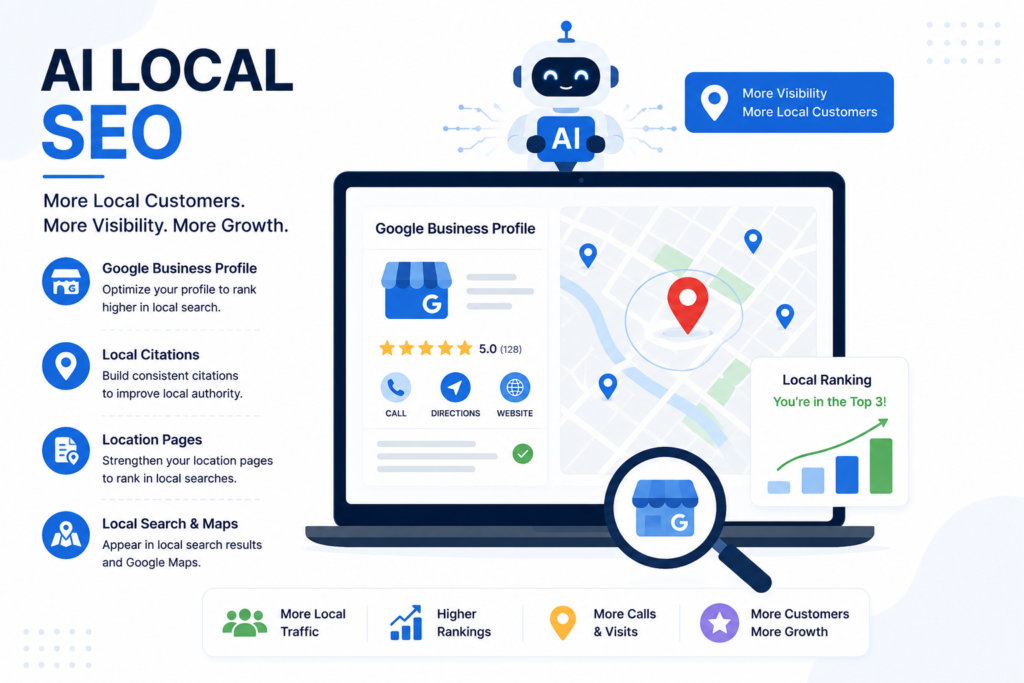 AI Local SEO infographic showing Google Business Profile optimization, local citations, location pages, and Google Maps visibility for Delaware businesses.