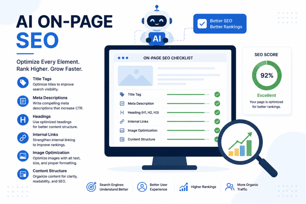 AI-powered on-page SEO checklist showing title tags, meta descriptions, headings, internal links, image optimization, content structure, and a 92% SEO score for improved search rankings.