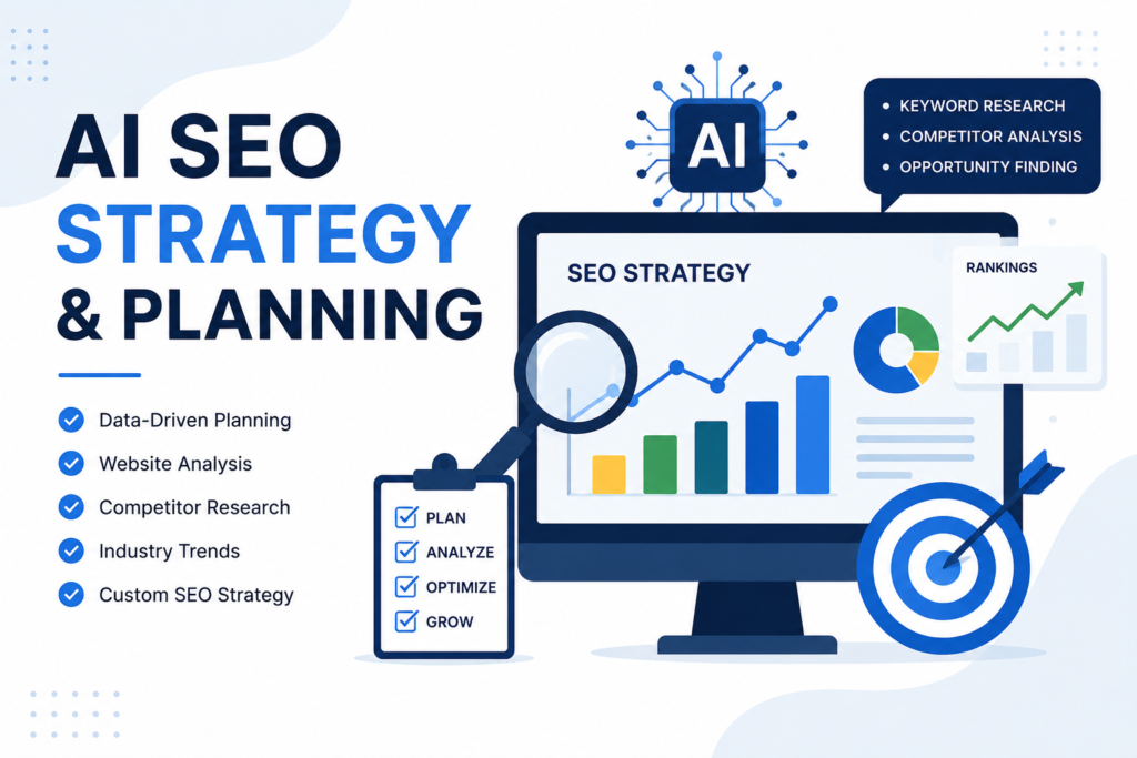 AI SEO strategy and planning infographic showing website analysis, competitor research, keyword planning, and SEO performance dashboard for Delaware businesses.