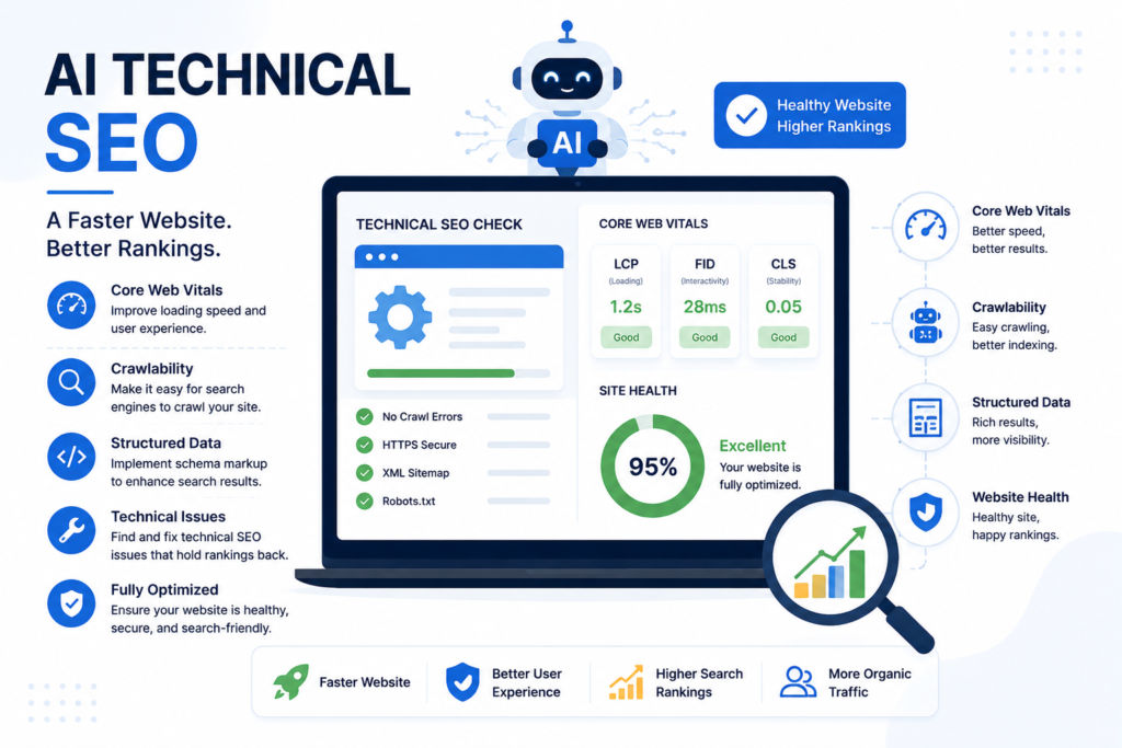 AI Technical SEO infographic showing Core Web Vitals, crawlability, structured data, website speed, and technical optimization for Delaware businesses.