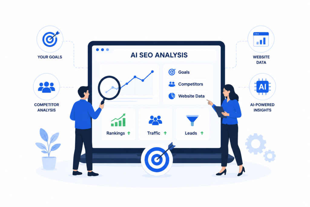 Business and AI SEO analysis illustration showing website analysis, competitor research, business goals, AI insights, keyword rankings, traffic growth, and lead generation for Delaware businesses.