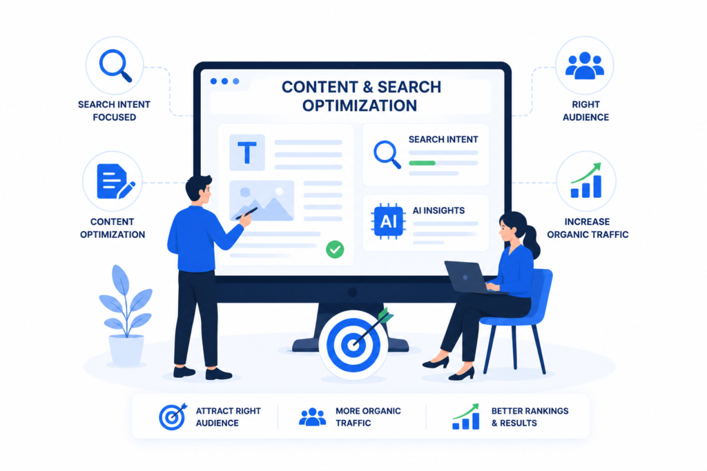 Content and search optimization illustration showing AI content optimization, search intent analysis, keyword strategy, and organic traffic growth for Delaware businesses.