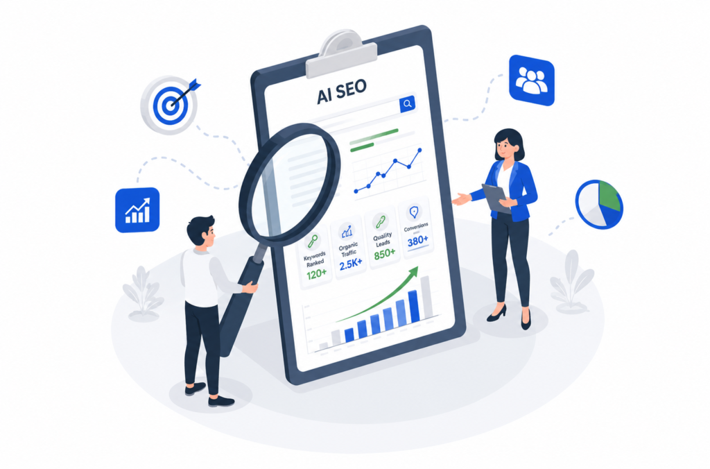 Illustration showing AI SEO strategy, website analysis, keyword rankings, organic traffic growth, qualified leads, and business performance optimization for Delaware businesses.