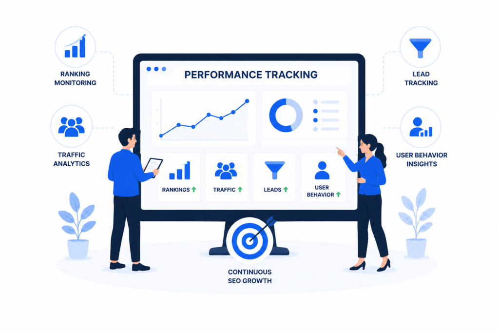 Performance tracking illustration showing keyword rankings, website traffic, lead tracking, user behavior analysis, and AI SEO performance monitoring for Delaware businesses.