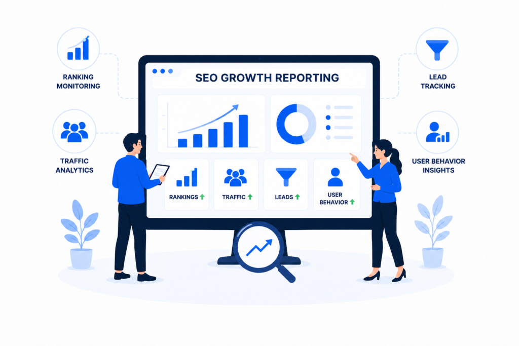 SEO Growth Reporting dashboard illustration showing keyword rankings, website traffic, lead tracking, user behavior insights, and performance analytics for continuous SEO growth.