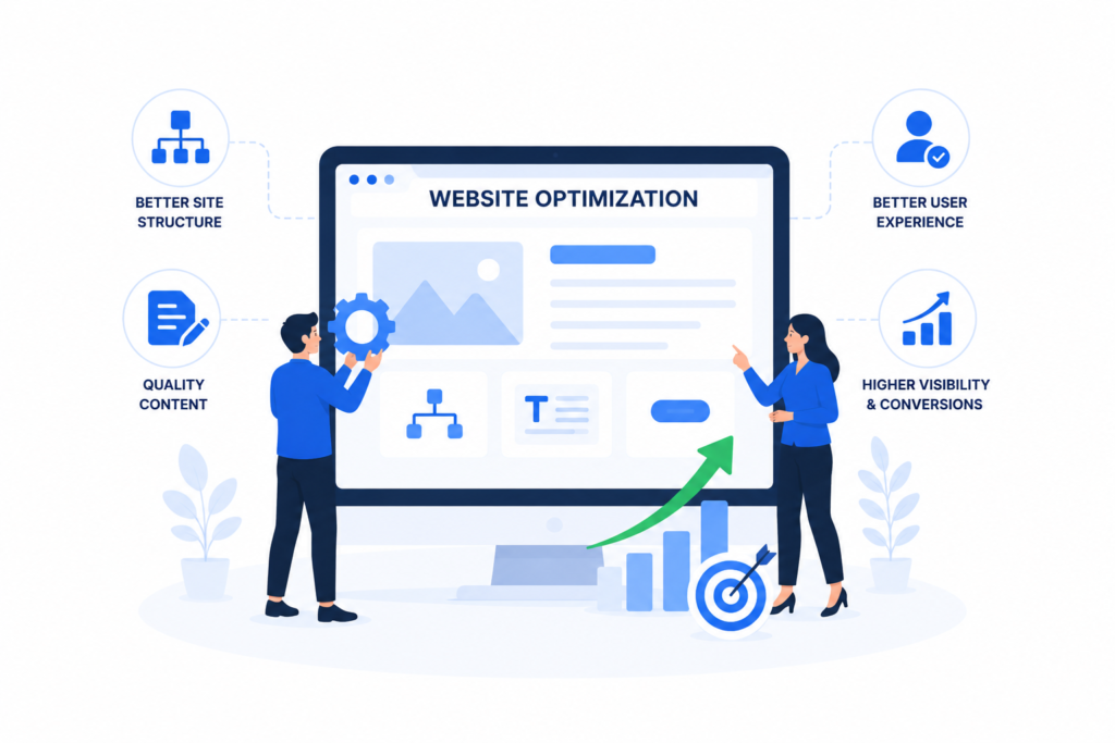 Website optimization illustration showing website structure, content optimization, user experience improvements, higher search visibility, and conversion growth for Delaware businesses.